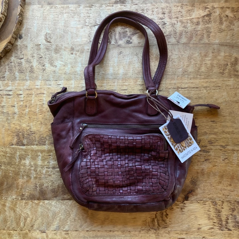 Handcrafted in India Burgundy Leather Handbag Shoulder Purse